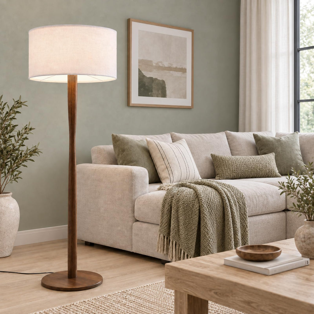 62" Tall Rustic Walnut Wood Floor Lamp with Large Linen Shade, White