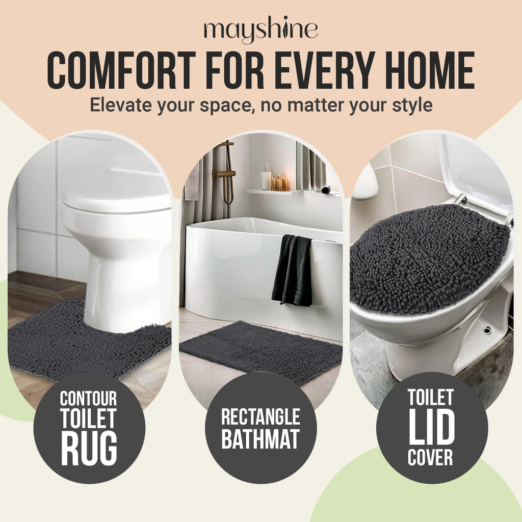 Standard 3pc Set Chenille Bath Mats, Includes 21"x24" U-Shaped Contour Toilet Rug, 21"x34" Inches Bathmat and 1