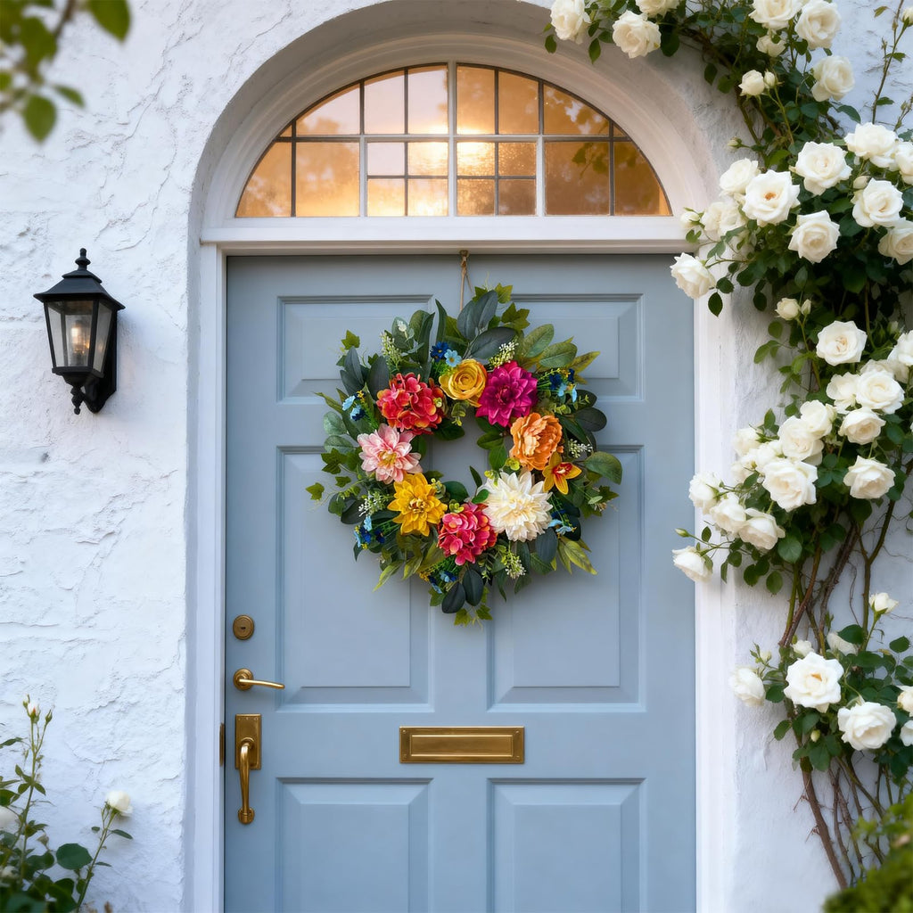 24 Inch Spring Wreaths for Front Door, Spring Wreaths, Spring Summer Door Wreaths with Yellow and Pink Dahlia Hydrangea
