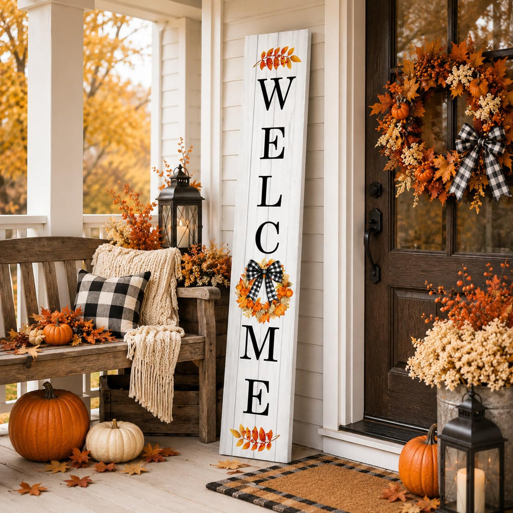 Fall Wreath Welcome Porch Sign, Buffalo Plaid Bow Signs for Front Porch, Fall Leaves Door Sign Yard, Pumpkins