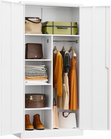 White Wardrobe Cabinet with Lock and Hanging Rod, 72" Armoire Closet with Shelf, Lockable Storage Locker, Metal Storage
