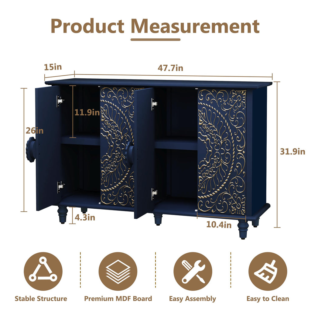 Sideboard Buffet Cabinet with Storage, 48" Decorative Accent Cabinet with Carved Flower Pattern, Modern Blue Credenza