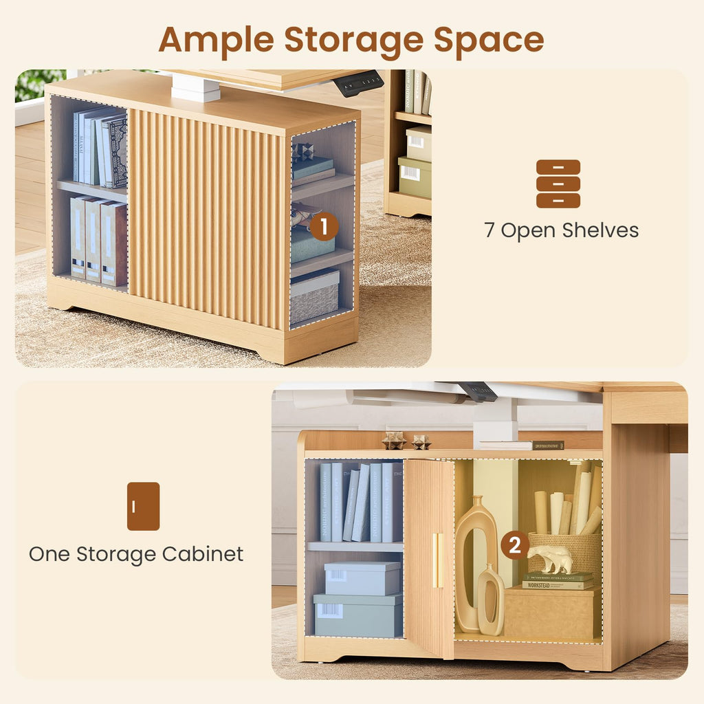Fluted L Shaped Standing Desk with Storage, Oak