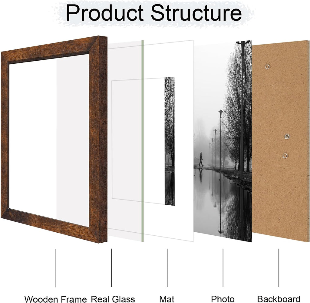 11x14 Picture Frame Set of 4 with Tempered Glass, Rustic Frame Display 8x10 Pictures with Mat or 11 x 14 Without Mat