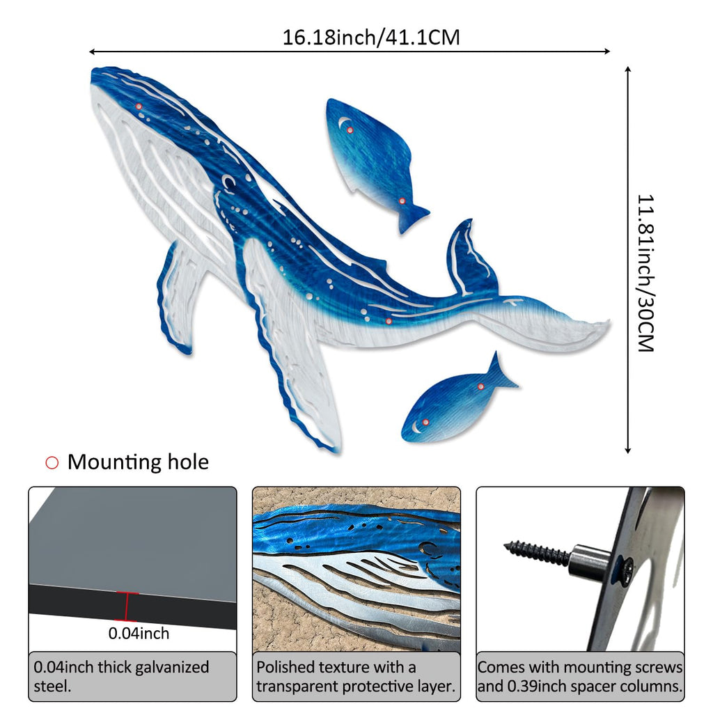 Coastal Wall Art Whale Metal Wall Sculptures, Ocean Beach Themed Metal Hanging Home Decoration 3PCS 16.2"x12.1"