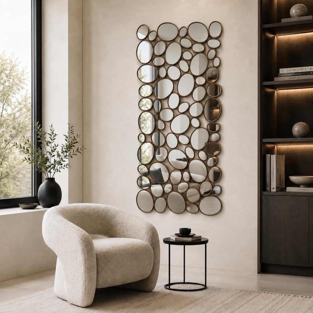Gold Mosaic Wall Mirror, 27.55" x 55" Large Pebble Geometric Decorative Mirror with 71 Irregular Mirror Pieces