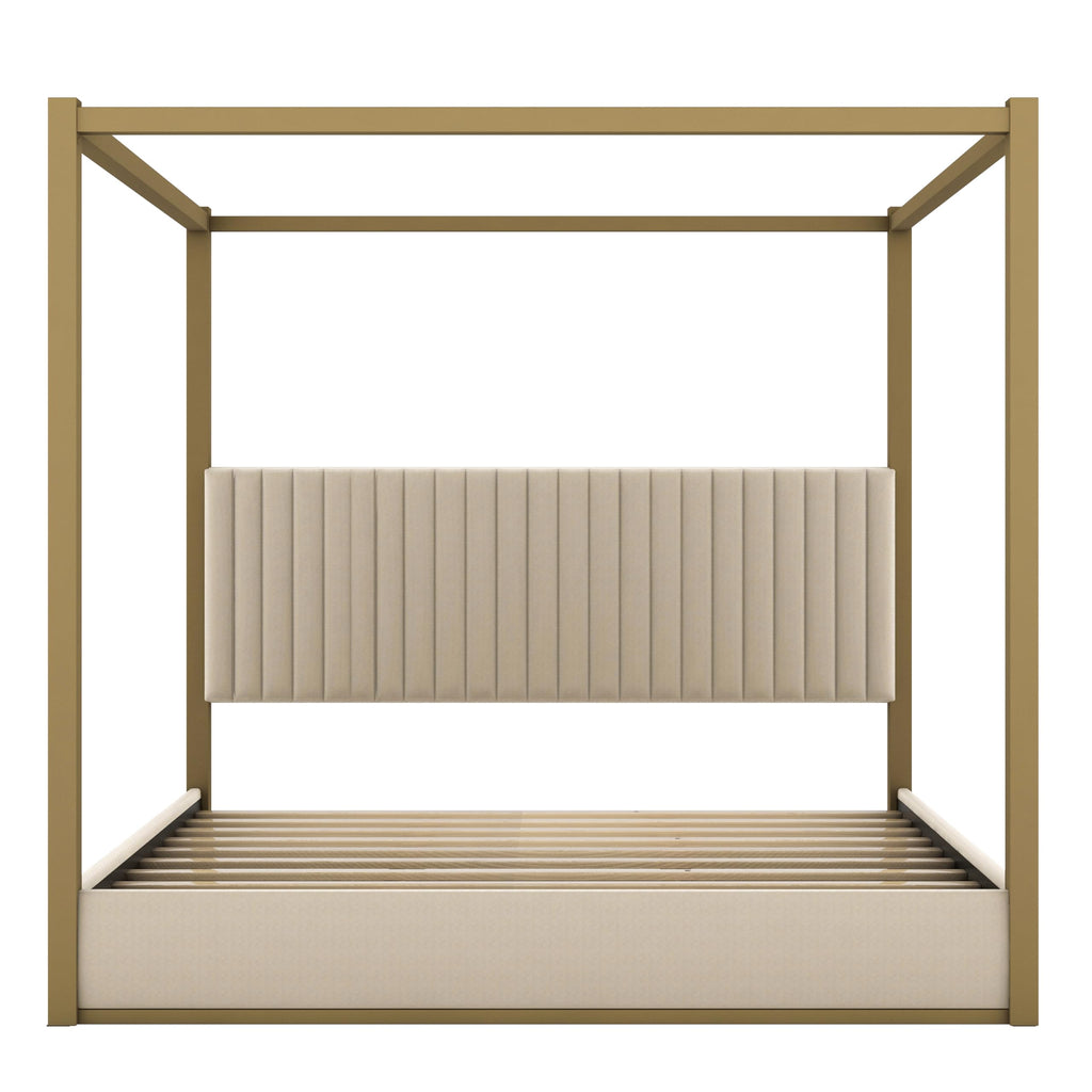 Modern 4-Poster Canopy Platform Bed King Size with Channel Upholstery Tufted Headboard, Gold Metal Canopied Design