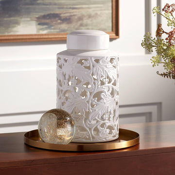Angelique 12" High White Cottage Core Ceramic Ginger Jar with Lid