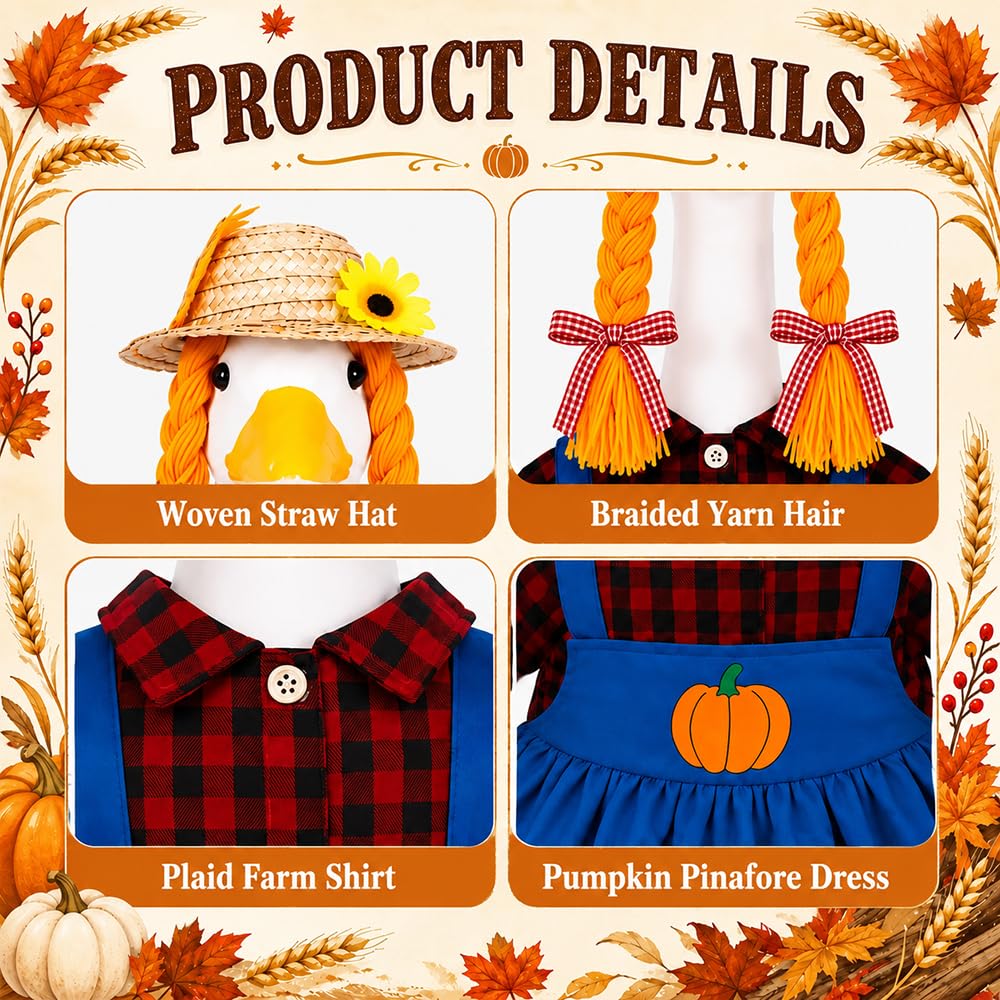 Fall Porch Goose Outfits Pumpkin Dress for 23" Plastic Cement Porch Goose Statue for Harvest Autumn Girl Outdoor