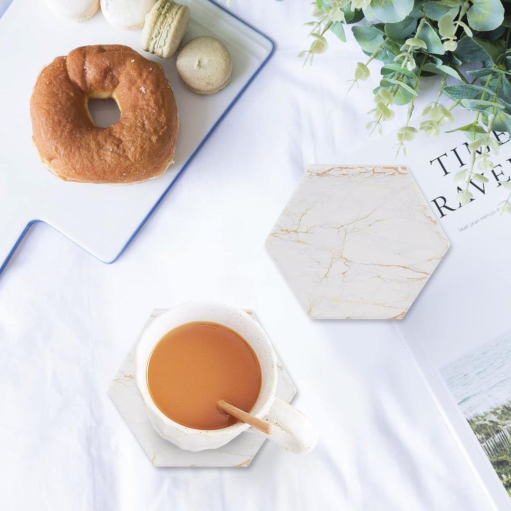 Coasters for Drinks with Holder, Absorbent Marble Coaster, Ceramic White and Gold Coasters for Coffee - Set of 8