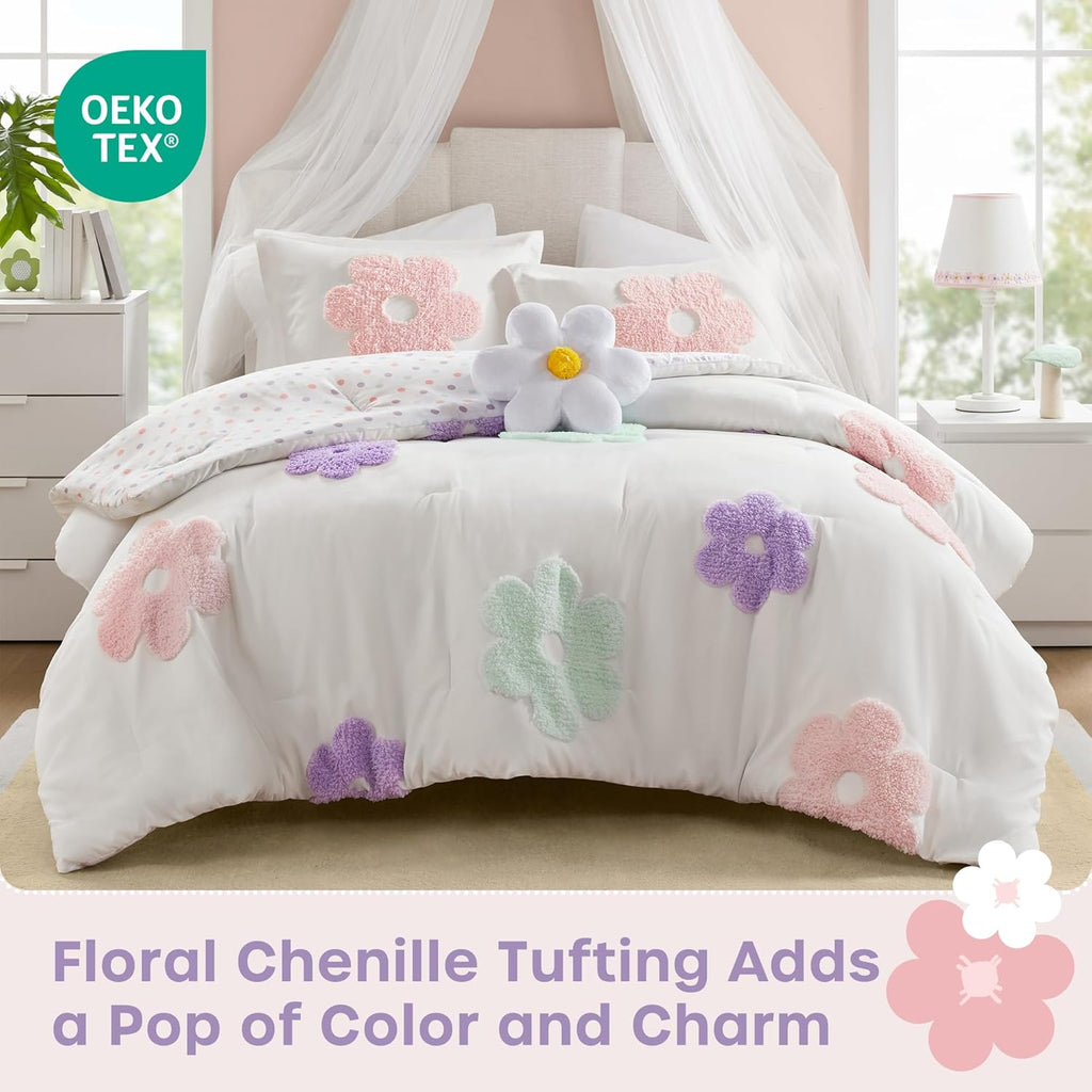 Kids Full Comforter Set for Girls, Tufted Chenille Floral Comforter Set Queen, Lightweight Polka Dot Reversible Bed