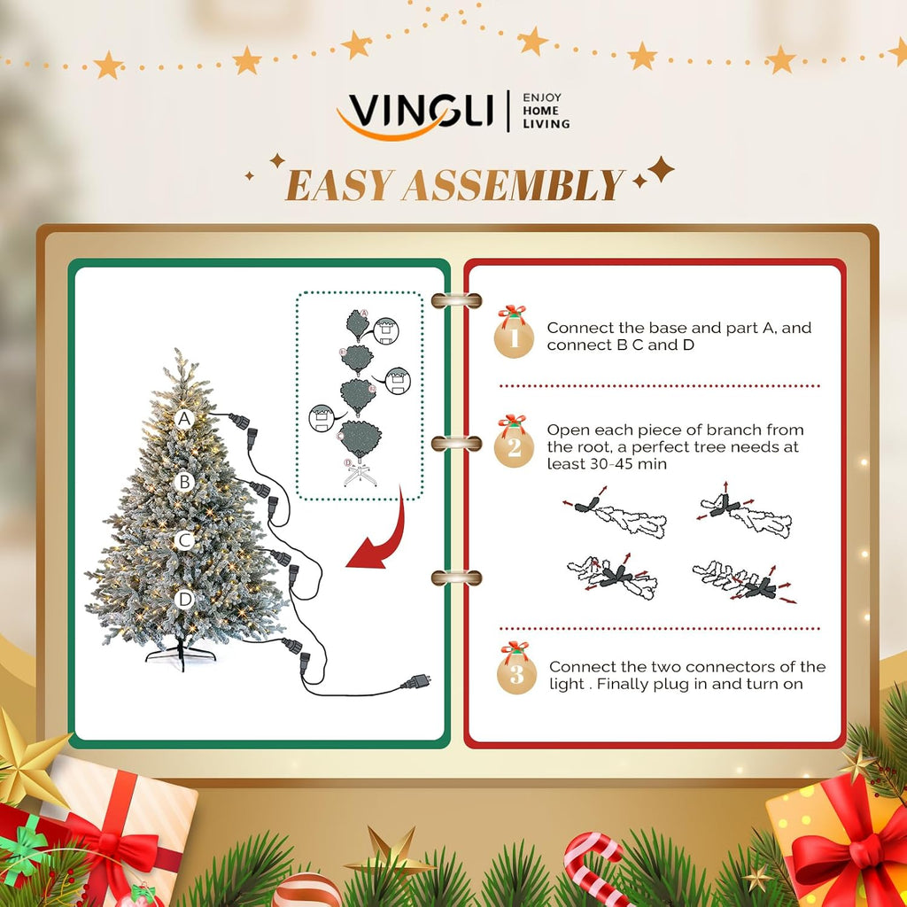 7ft Flocked Xmas Tree with 400 Warm White LED Lights, Pre-lit Design, 1100 Branch Tips, 8 Dynamic Modes, PE and PVC