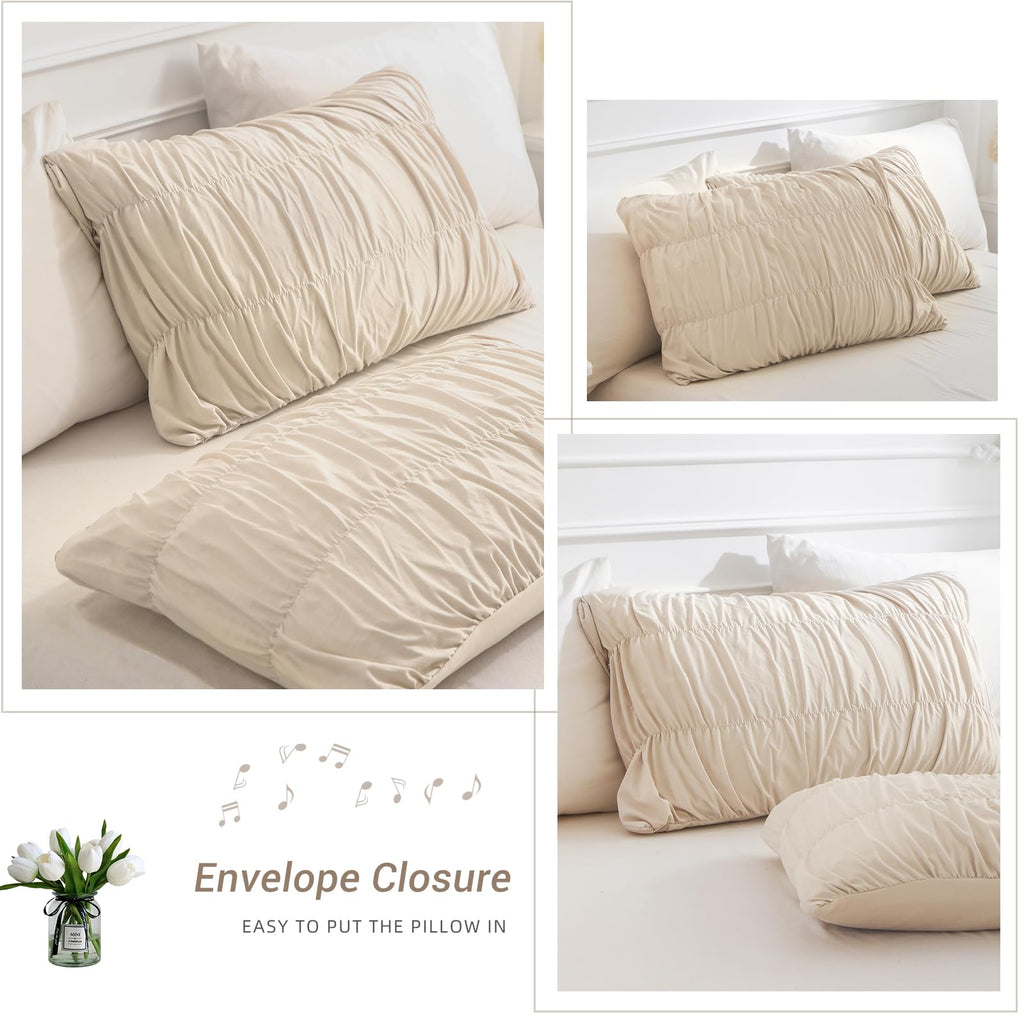 Oversized King Bed Comforter Set- Wheat Ruched Boho 120 x 120 Comforter Set, 3 Piece Fluffy Bedroom Set with Pillow