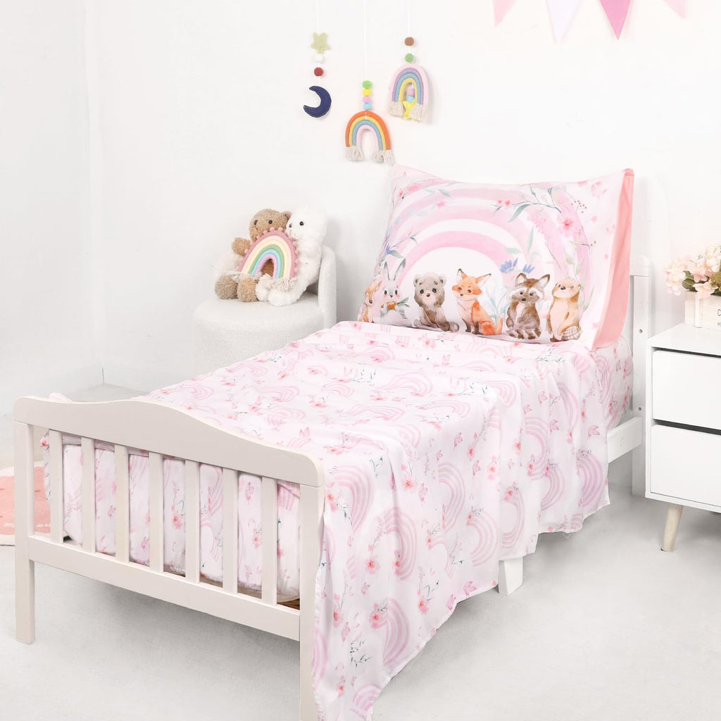 Toddler Bedding Set for Girls - 4 Piece Rainbow Toddler Comforter Set Includes Fitted Sheet, Comforter, Pillowcase &