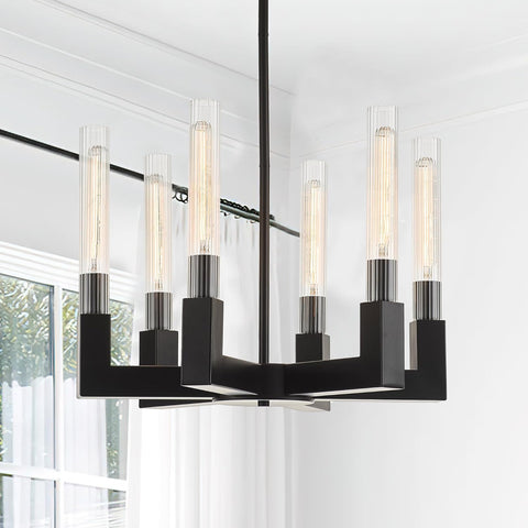 Matte Black Chandelier with Striped Glass Shades, 6-Lights Adjustable Modern Pendant Light Fixtures for Dining Room,Kitchen Pendant Lighting Over Island, E26 Base (Included Bulbs) A114-B0DZHNSFD6