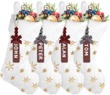 Christmas Stockings, 18" Faux Fur Sequin Snowflake Stocking - Set of 4