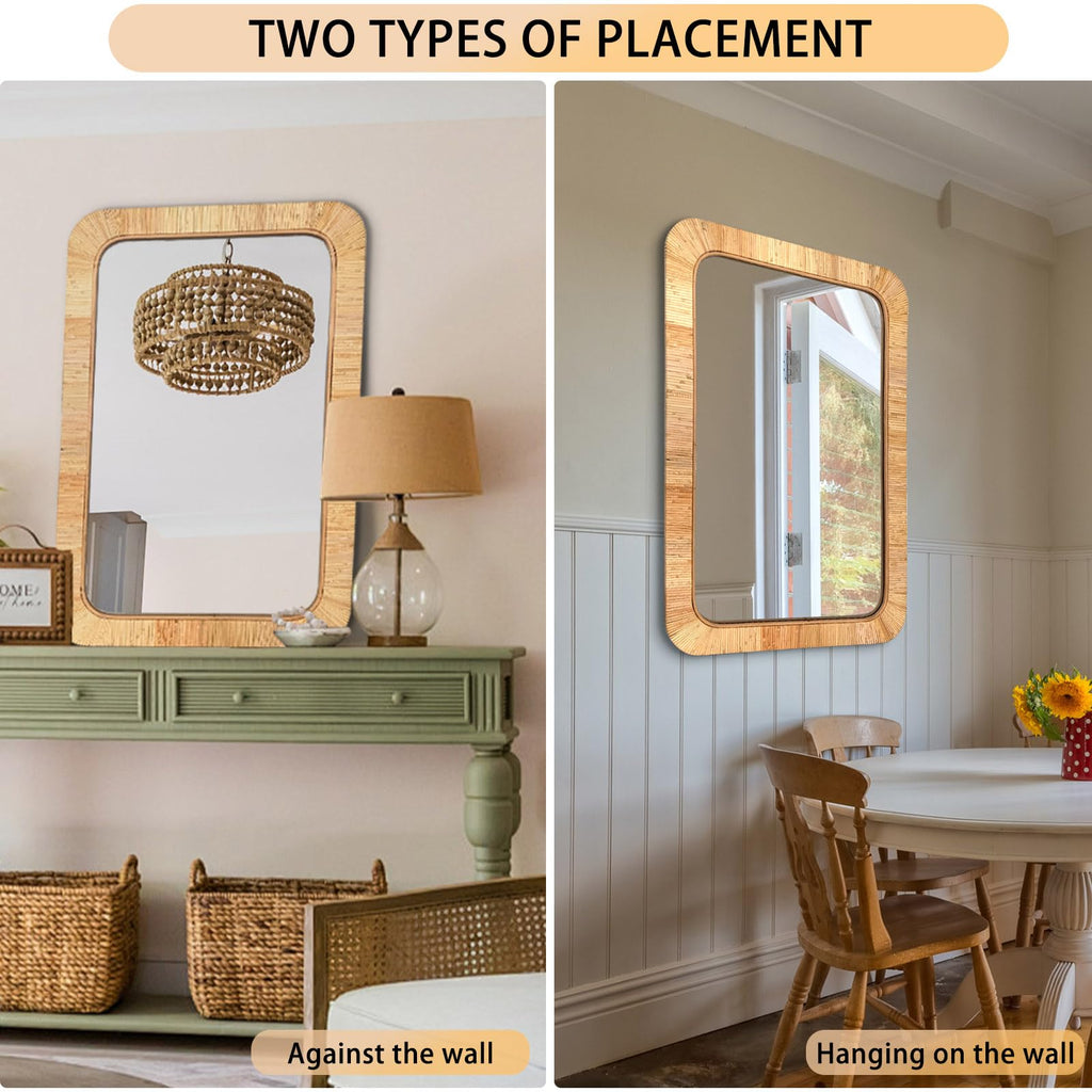 Rattan Rectangular Mirror 24x36, Boho Decorative Wall Mirror, Farmhouse Vanity Mirror Decor, Nursery & Children's