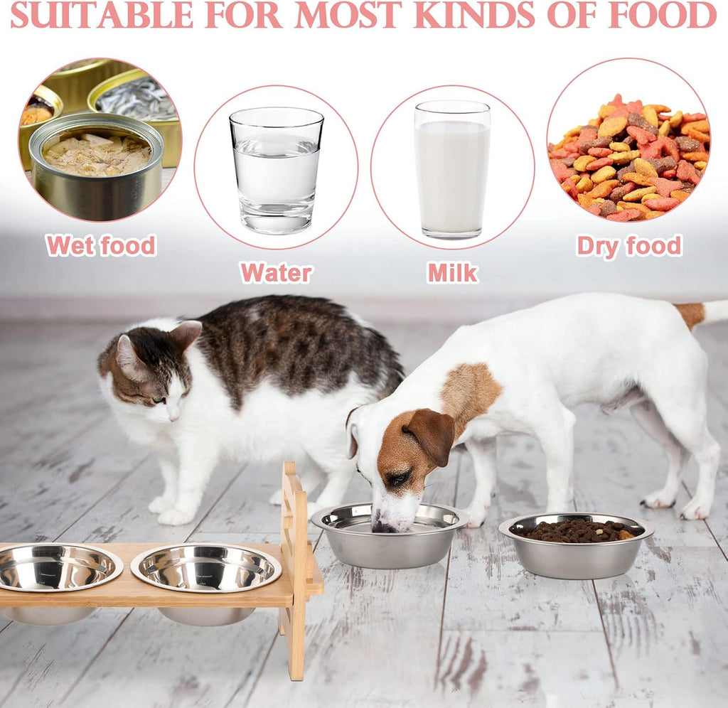 2 Set Elevated Dog Cat Bowls, 15 Tilted Raised Pet Bowl for Puppy and Cats Adjustable Dog Food Feeding Dishes Wood