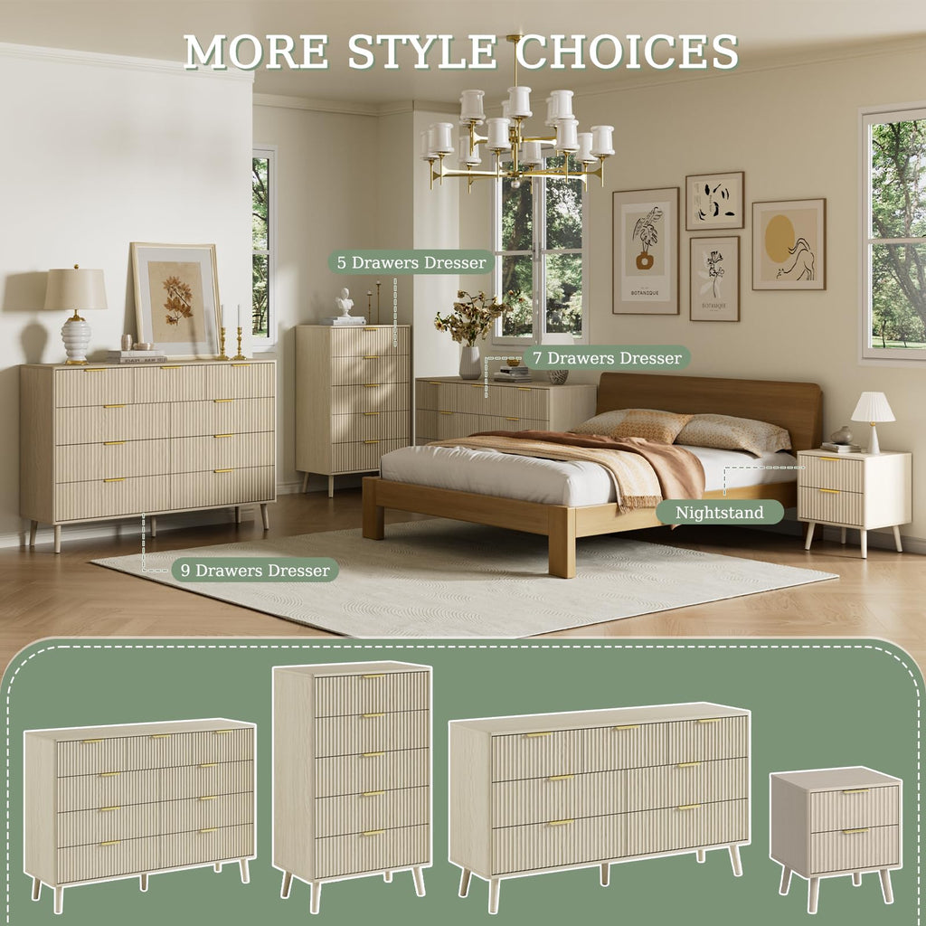 Beige 5 Drawer Dresser, 45" Tall Modern Chest of Drawers with Fluted Panel, Curved Profile Design, Metal Handles