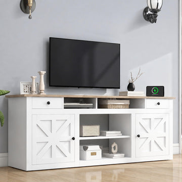 Farmhouse TV Stand with Power Outlet for 75"/80" TVs, White+Walnut Top