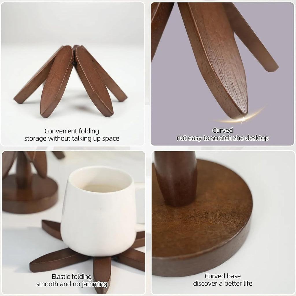 Wooden Trivet Tree for Hot Dishes, 4 Coasters + Stand, Walnut Finish - Set of 5