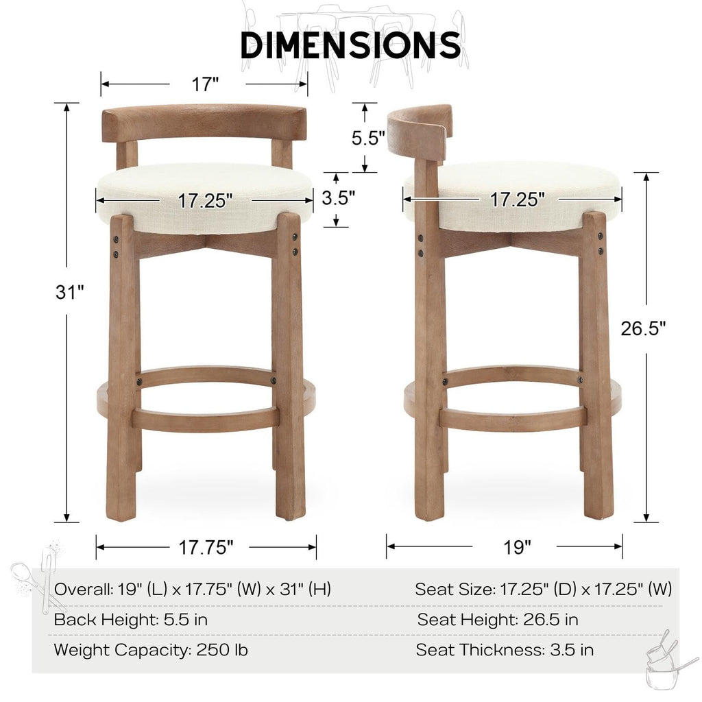 26.5" Counter Height Bar Stool, Mid Century Modern Low Back Bar Chair with Solid Wood Legs & Linen Upholstered Seat
