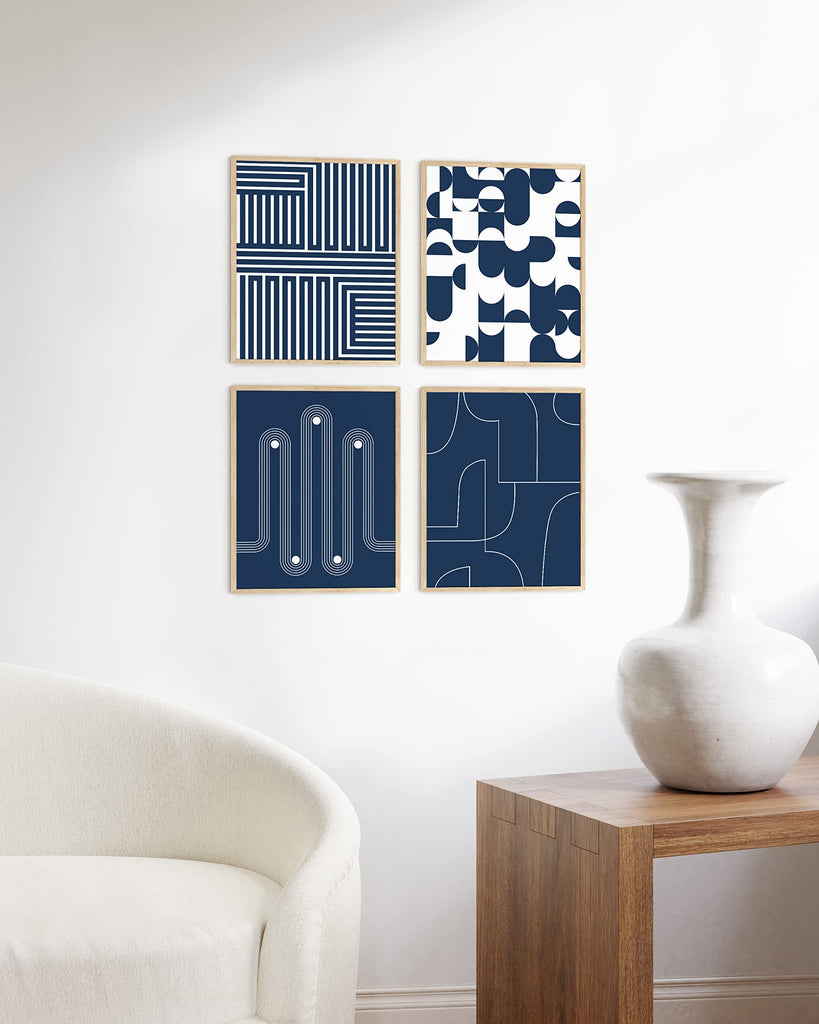 Blue Wall Art Set of 4 - Navy Blue Decor, Geometric Abstract Prints, Modern Wall Art, Aesthetic Wall Decor (Beige