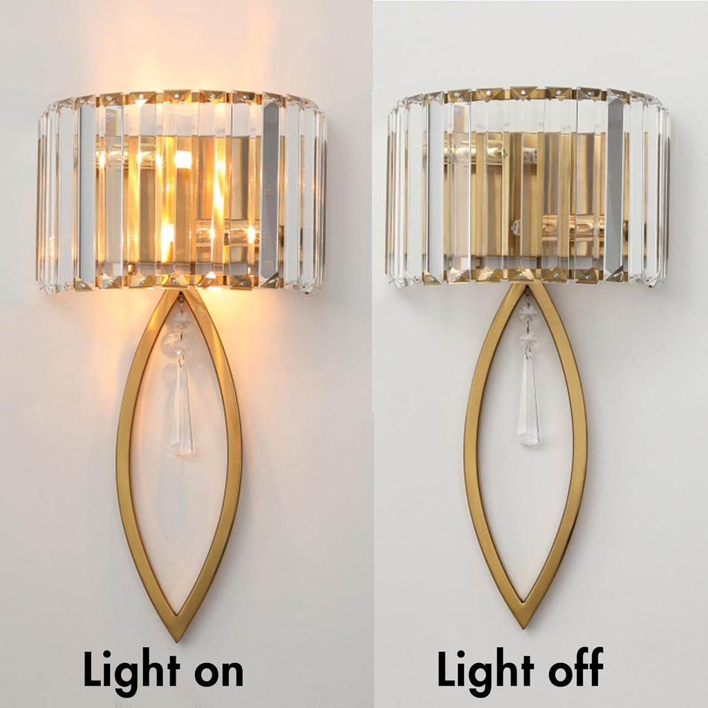 Mid Century Wall Sconces, 2-Light Elegant Crystal Gold Wall Light for Bathroom Bedroom Hallway | Elegant Crystal Gold