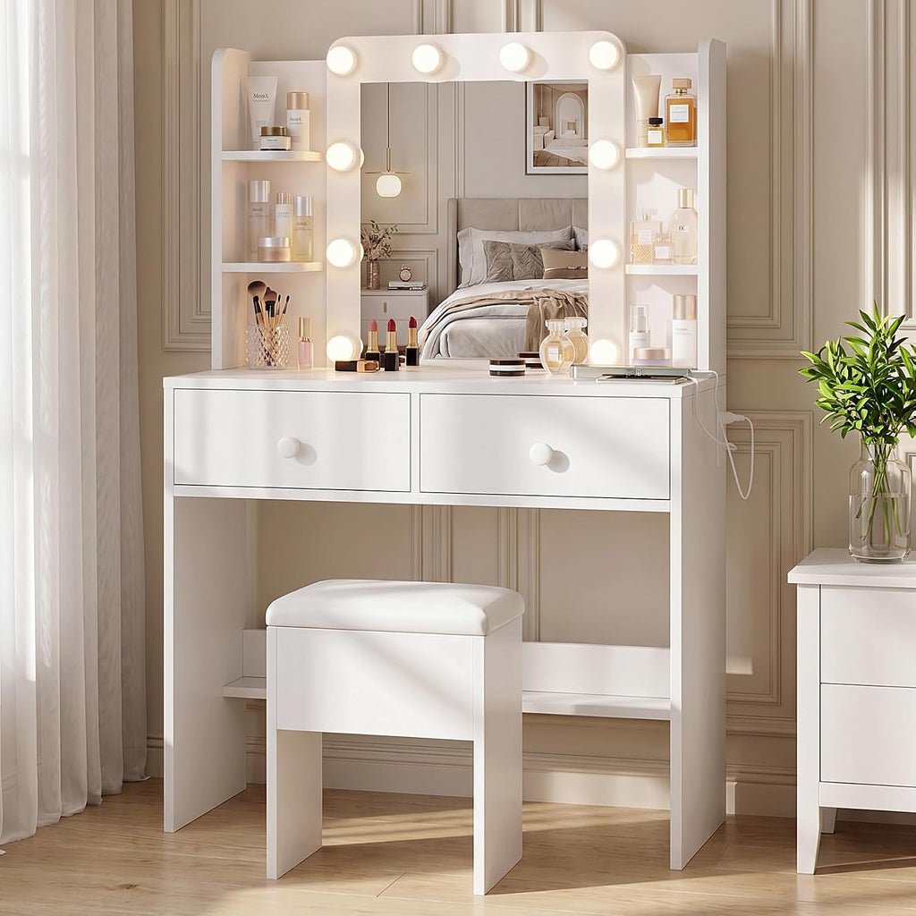 Makeup Vanity Desk with LED Mirror and Chair Set, White | 3 Lighting Modes, Built-in Charging Station, Storage