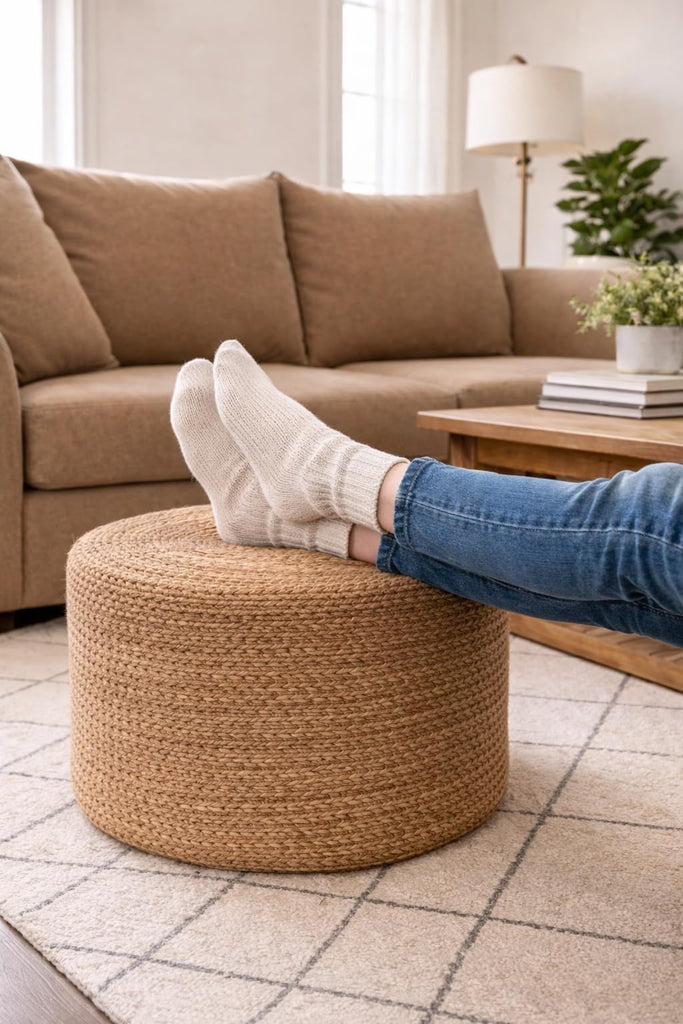 Jute Pouf Ottoman | Footrest Pouf | Hand Braided - Round Boho Pouffe - (18"x18"x12") Natural