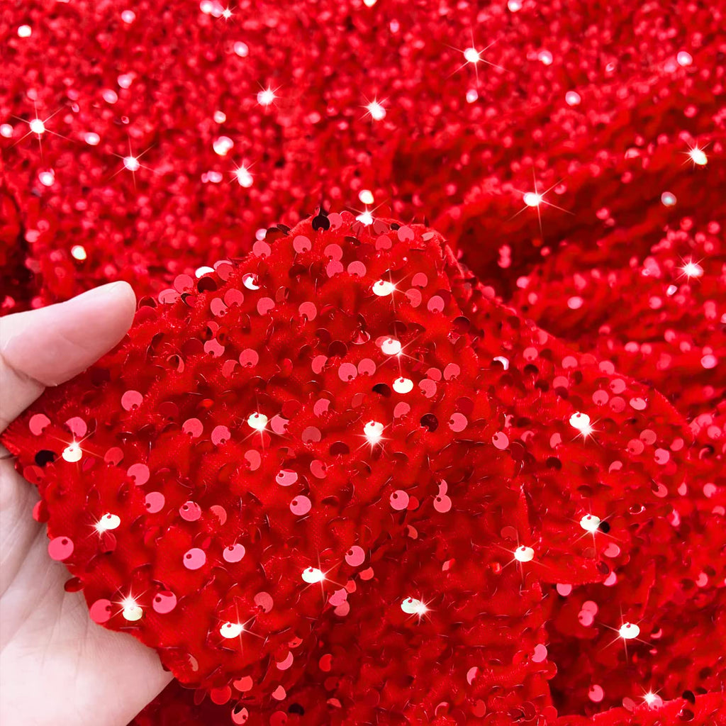 6 Yards Sequined Fabric by The Yard Red Sequins Velvet Fabric Glitter Stretch Fabric for Dress Sparkly Quilting