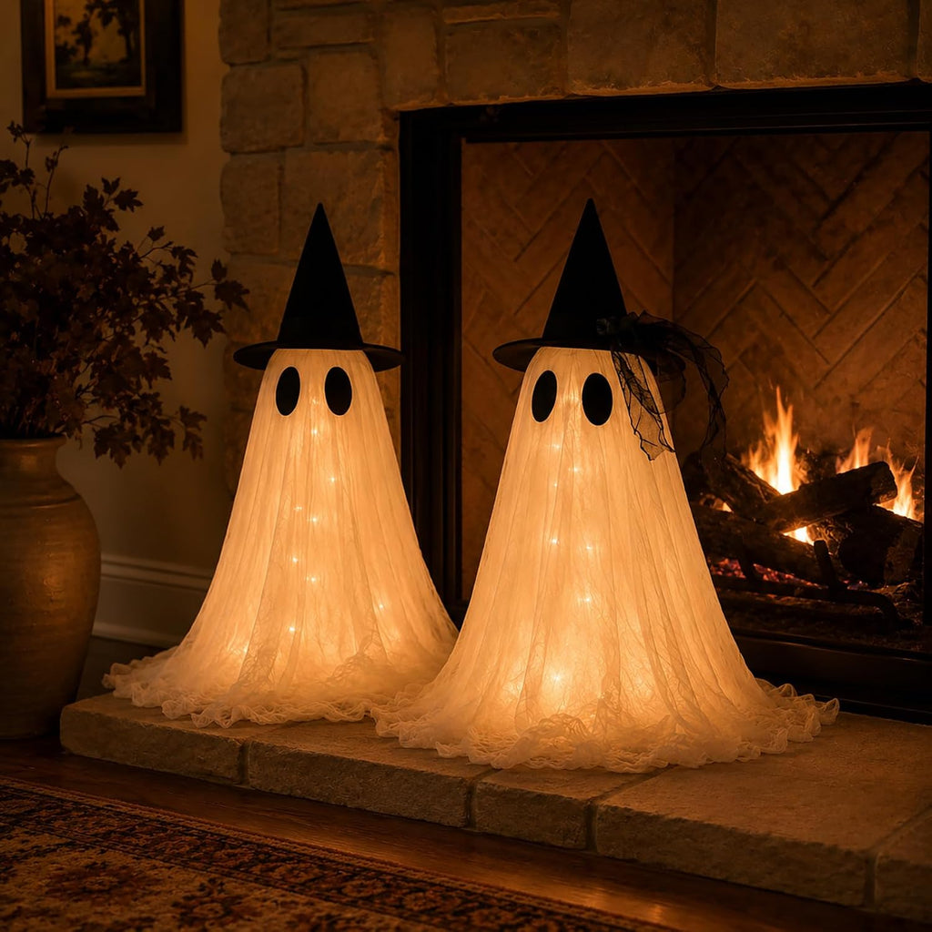 2-Pack Halloween Ghost Decor Set, USB Powered w/Remote Lights - Set of 2