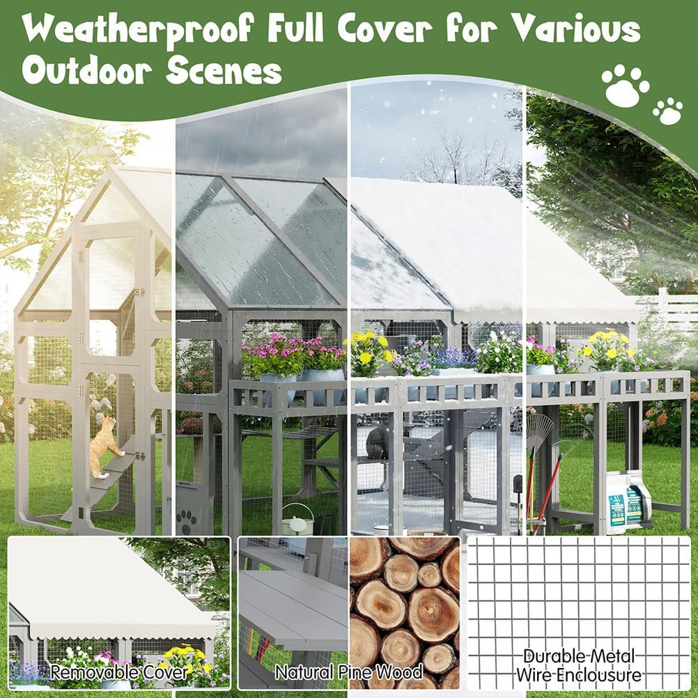 Large Outdoor Cat Enclosure Catio, 94.5" Wooden Walk-in Cat House with Platforms, Bridges, Cat Houses & Waterproof
