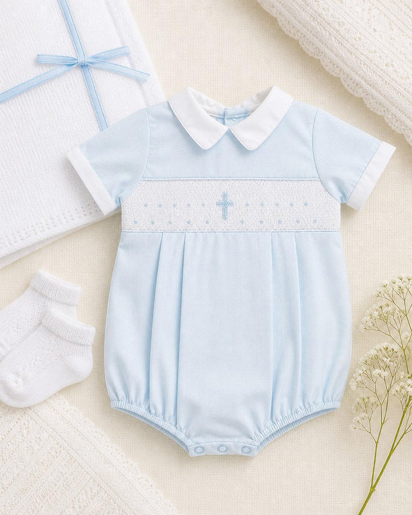 Baby Boy Blue Hand Smocked Cross Bubble Romper, Baptism