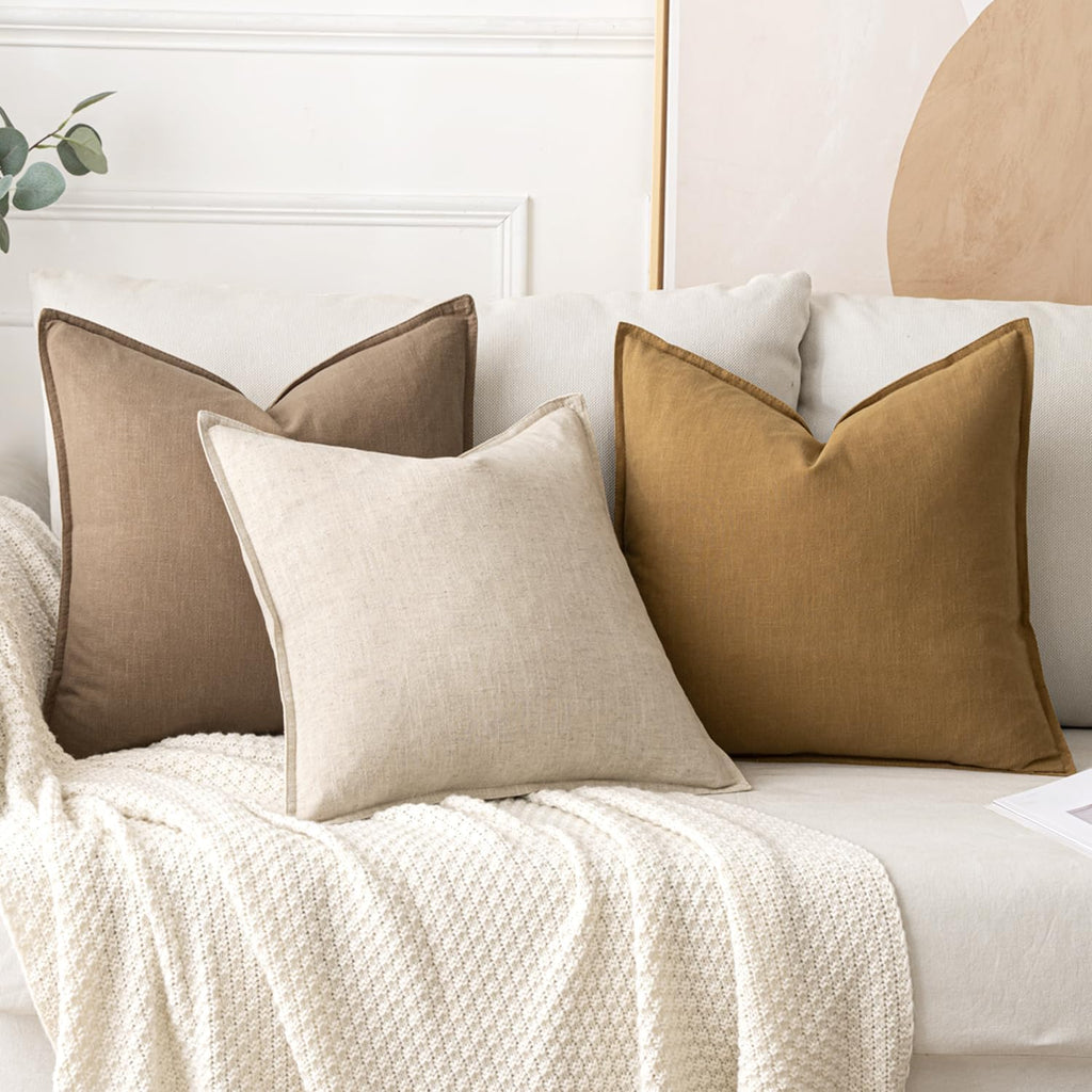 Decorative Linen Euro Sham Pillow Covers 24x24 Natural Beige Boho Farmhouse Neutral Couch Throw Pillows