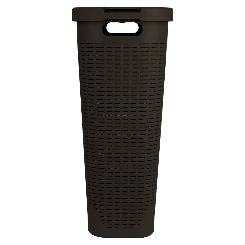 Slim Laundry Hamper with Lid, 40L Clothes Basket, Narrow Tapered Design with Ventilated Cutout Pattern, Plastic, Brown
