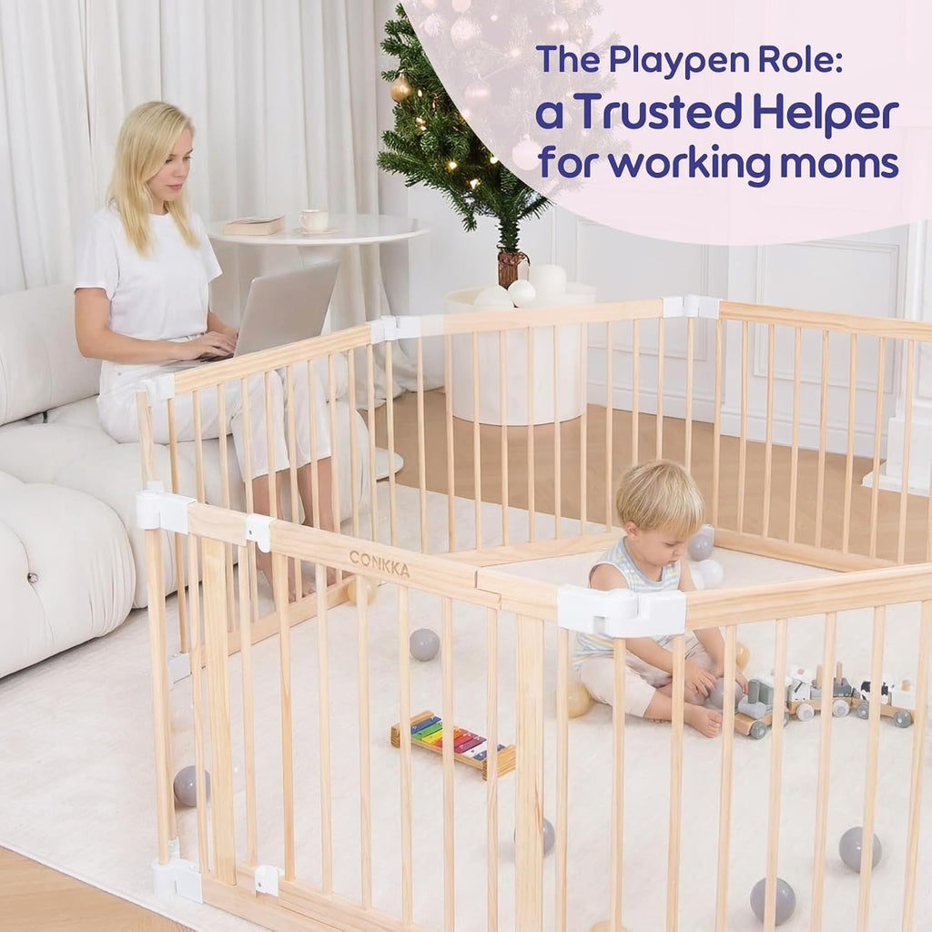 Foldable Wooden Playpen Baby Gate for Babies 3-18 Months-5.3x5.3 ft | 25" Tall Wood Playard Double-Locking for