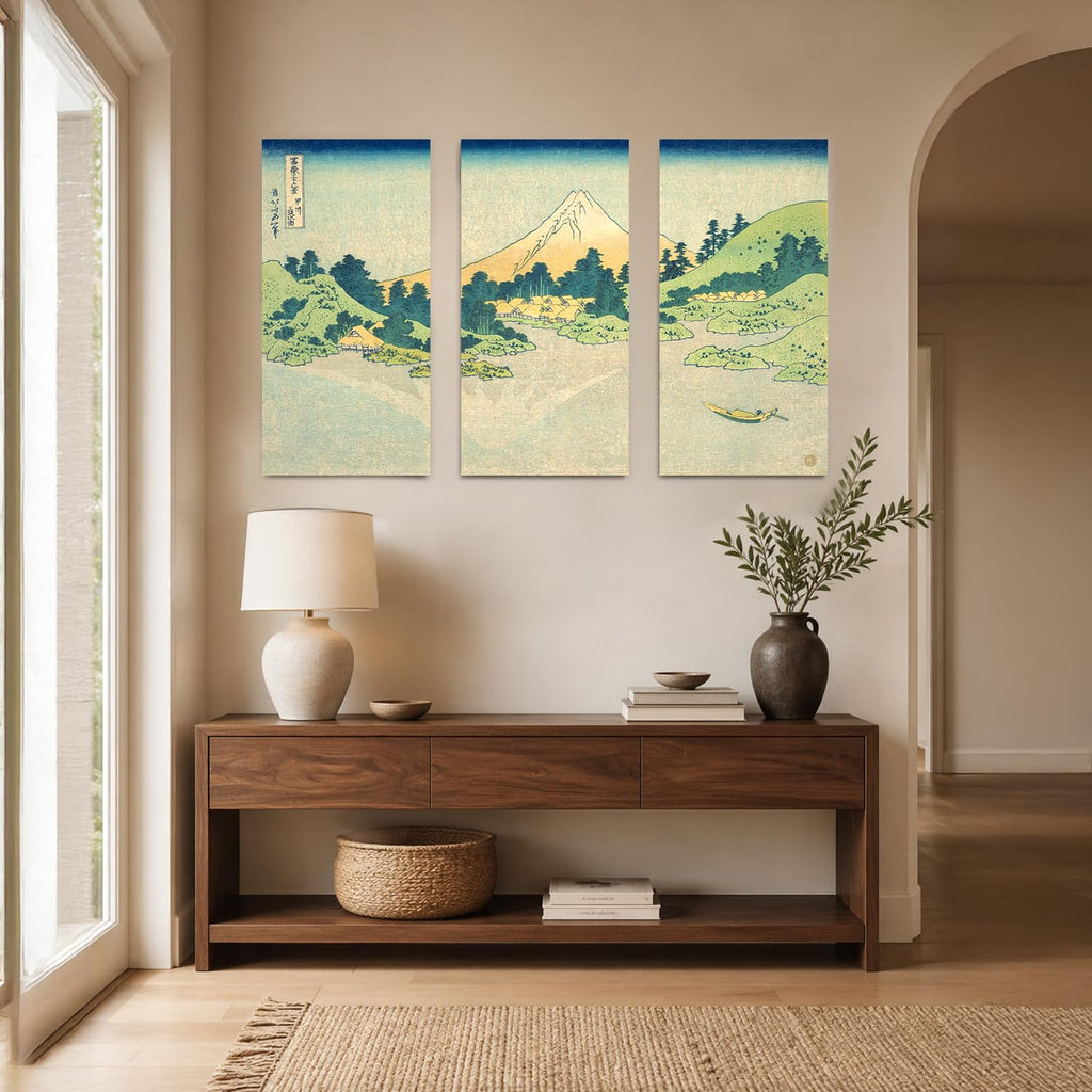 Japanese Wall Art, Mount Fuji Hokusai Zen 3 Piece Canvas, 48x32''
