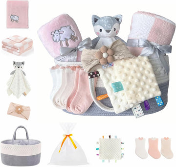 Set for Girls -Diaper Caddy Organizer Basket with 2 Blankets, 1 Taggie, 1 Lovey, 3 Socks,1 Headband,1 Gift Bag