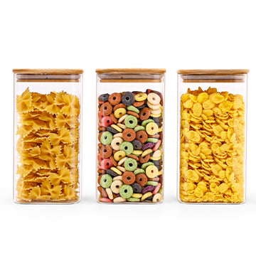 Glass Food Storage Jars Square 44oz, 3 Pack Glass Jars With Bamboo Lids, Kitchen Storage Containers For Spice, Candy