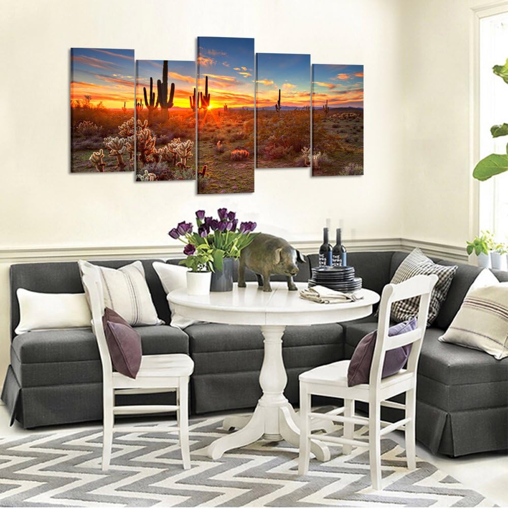 Natural Landscape Paintings Wall Art Sunset with Saguaros in Sonoran Desert 5 Pieces Picture Print on Canvas for