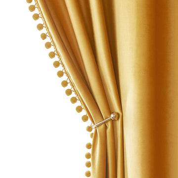 Mustard Yellow Pom Pom Velvet Fall Curtains, W52 x L84, Set of 2