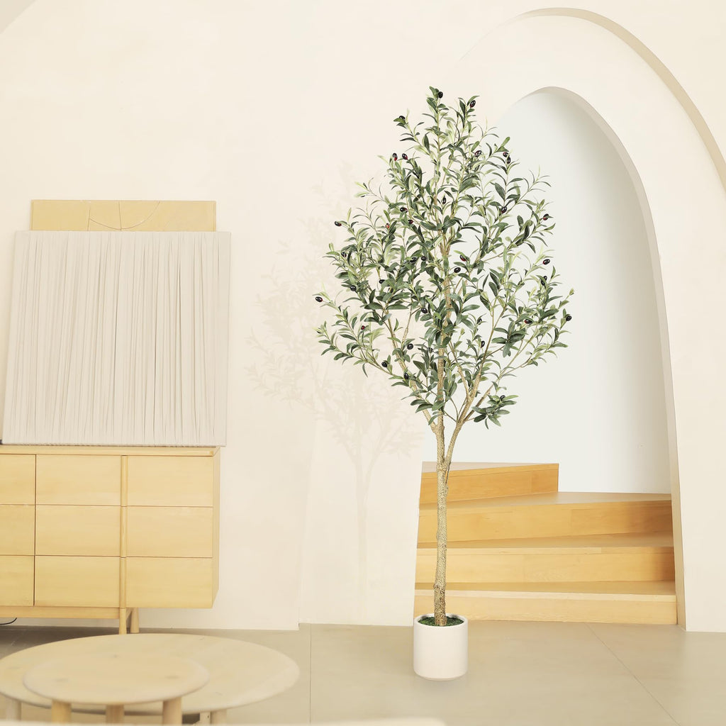 Faux Olive Tree 6ft with Sturdy White Planter, Artificial Olive Tree