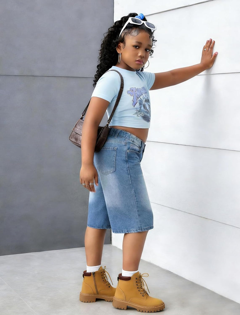Girls Jean Shorts Baggy Wide Leg Washed Bermuda Denim Shorts Straight Leg Cute Summer Y2K Streetwear