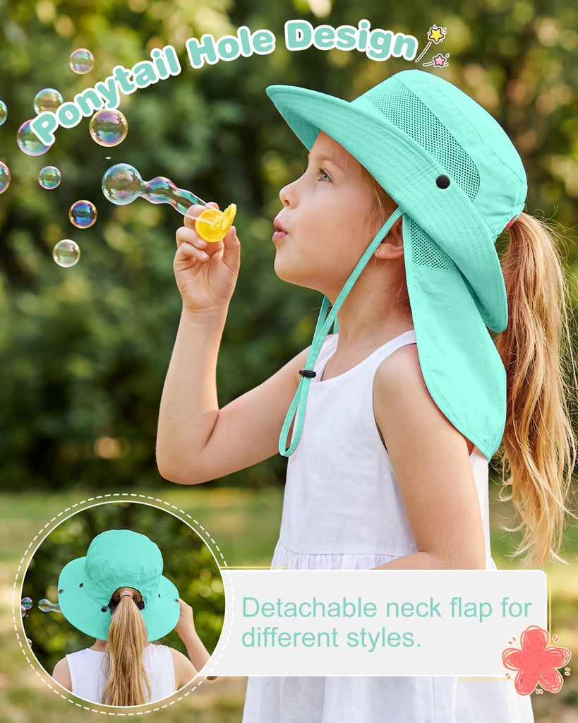 Kids Sun Hat with Ponytail Hole & Detachable Neck Flap UPF50+ Quick Dry Girls Bucket Hat for Outdoor Beach
