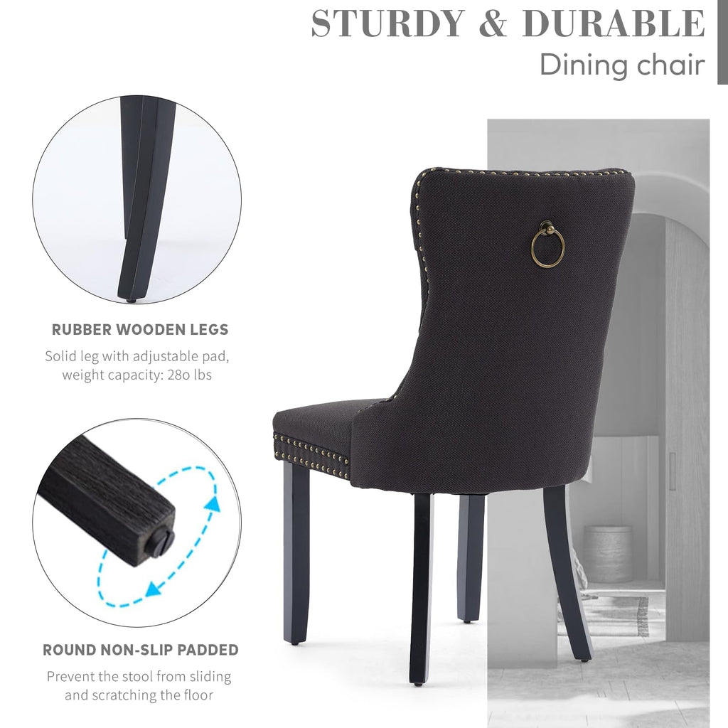 Linen Fabric Dining Chair Set of 2, Upholstered Tufted Dining Room Chair with Nailhead Trim and Solid Light Color