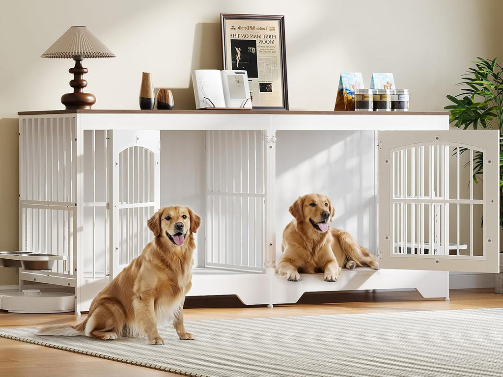 74.8" Dog Crate Furniture for 2 Dogs, Wooden Dog Kennel Indoor with Dog Bowls, Extra Large Double Doors Dog Crate TV