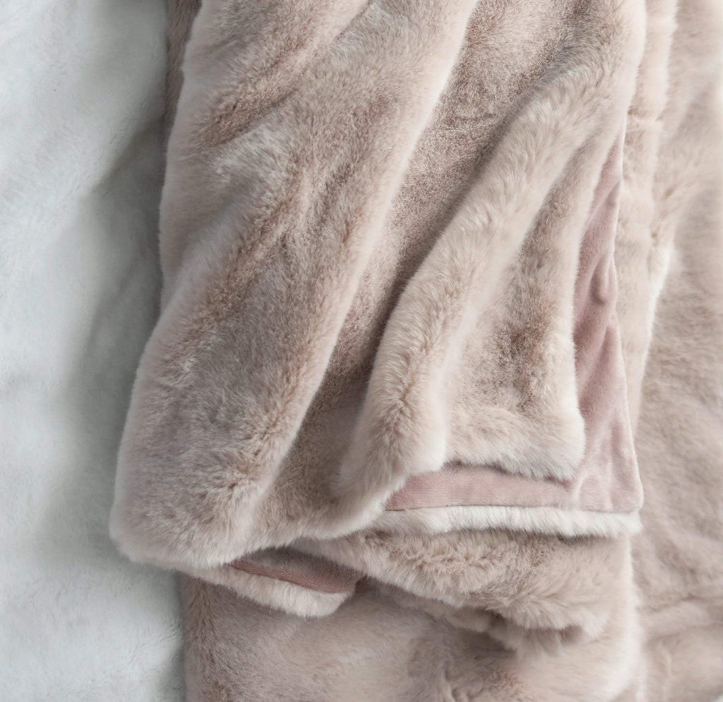 Faux Fur Oversized Throw Blanket with Plush Velvet Reverse, Fox Lynx or Gray Mink (Blush X-Long)