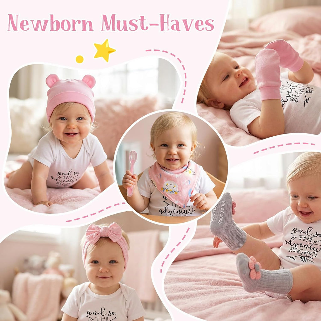 Baby Girl Gift Set - 12 Pcs Newborn Essentials with Bunny Lovey, 100% Cotton Onesie, Milestone Sign & Photo Frame