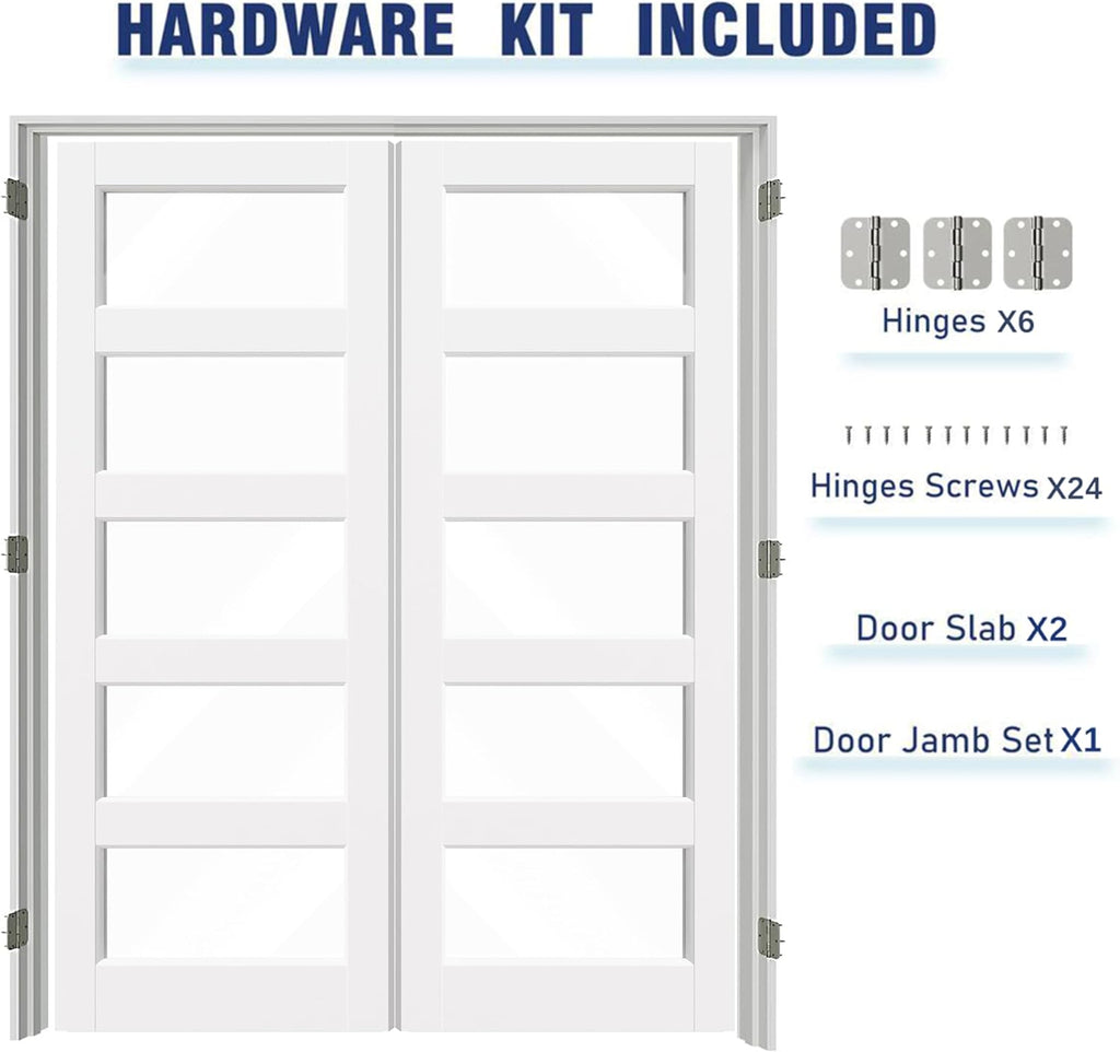 French Doors, 60"x80"Interior Double Doors with Jamb & Hardware Kit, 5-Lite Clear Glass, Solid Core MDF for Bedroom